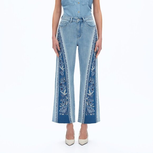 NWT Bayeas Ultra High-Rise Embroidered Wide Leg Patchwork Jeans - Picture 1 of 11